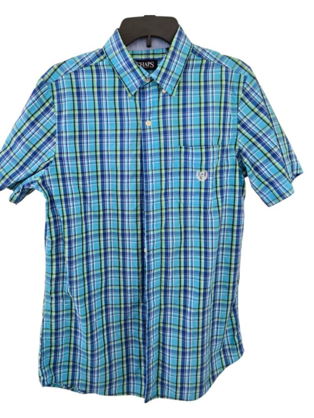 Chaps Short Sleeve Plaid Button Down Shirt Men's S Liquid Blue Easy Care Cotton